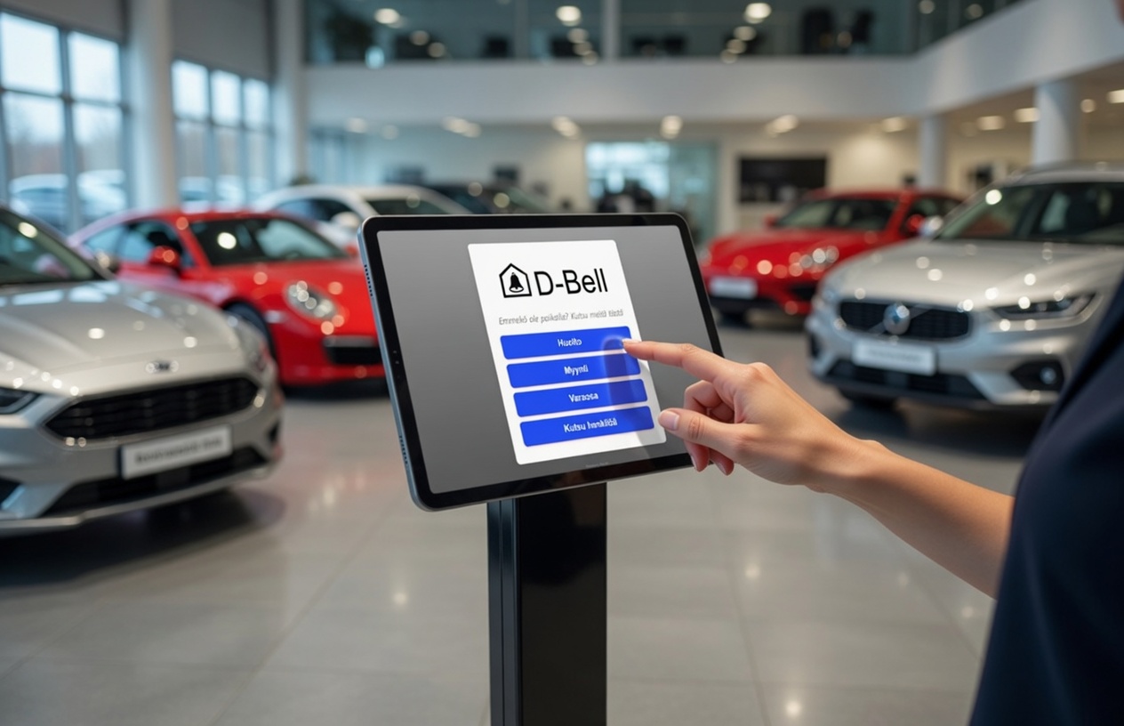 DBell vastaanottonäyttö autoliikkeessä – asiakas valitsee Myynnin, Huollon tai Varaosat yhdellä painalluksella